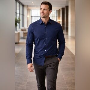 UltraClub Mens Large Navy Blue Long Sleeve Button Down Shirt Stretch L